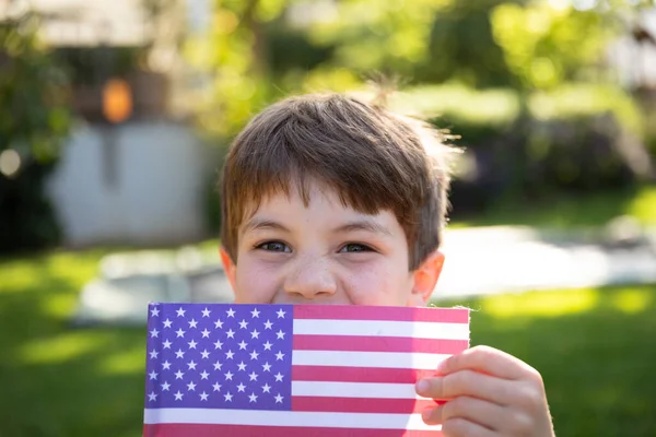 Portrait Close Young Caucasian Boy Short Brown Hair Blue Eyes — Stock Photo, Image