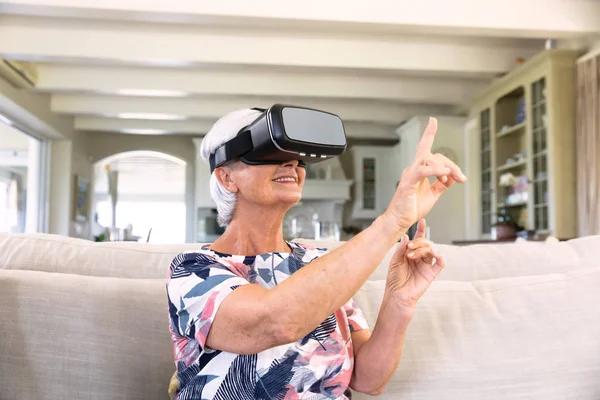 Front View Senior Caucasian Woman Headset Touching Virtual Screen Her — Stock Photo, Image