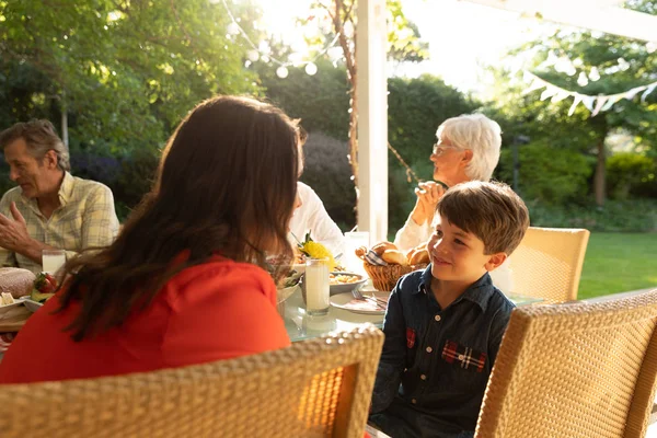 Side View Close Caucasian Woman Her Young Son Sitting Talking — Stock Photo, Image