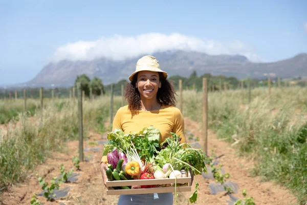 Portret Van Een Gelukkige Afro Amerikaanse Vrouw Een Landbouwveld Met — Stockfoto