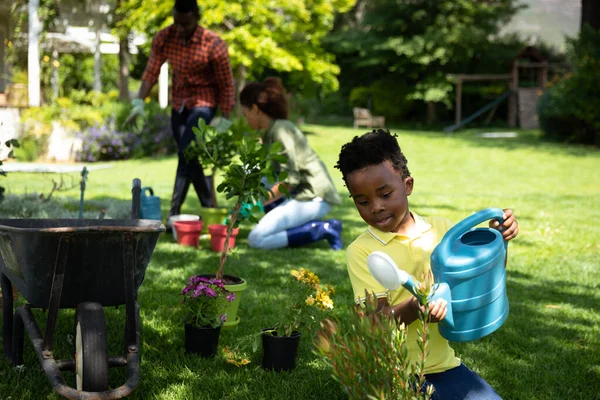 庭の散水工場でアフリカ系アメリカ人の少年の正面図 背景に彼の両親の園芸と — ストック写真