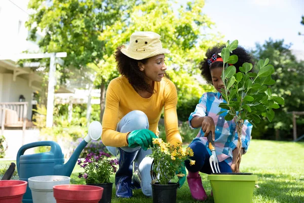 庭でアフリカ系アメリカ人の女性と彼女の娘の正面図 ひざまずいて植物を植えます 家庭での時間を楽しむ家族 ライフスタイルのコンセプト — ストック写真