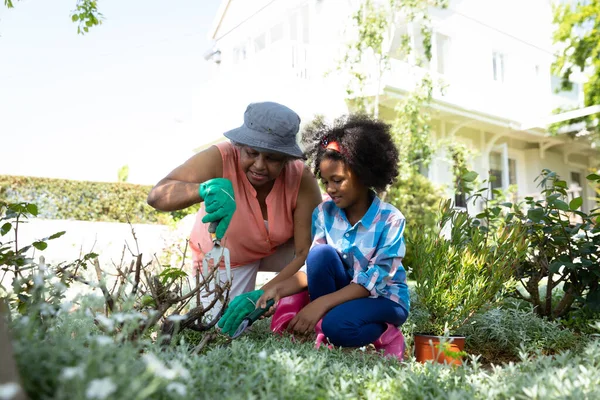 Pohled Zepředu Afroamerickou Babičku Svou Vnučkou Zahradě Klečící Zahradničící — Stock fotografie