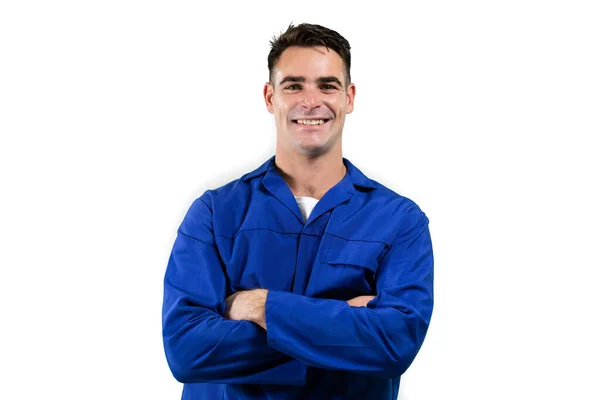 Portrait Happy Caucasian Male Engineer Short Dark Hair Standing Arms — Stock Photo, Image