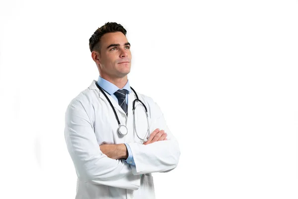 Side View Happy Caucasian Male Doctor Wearing Lab Coat Stethoscope — Stock Photo, Image