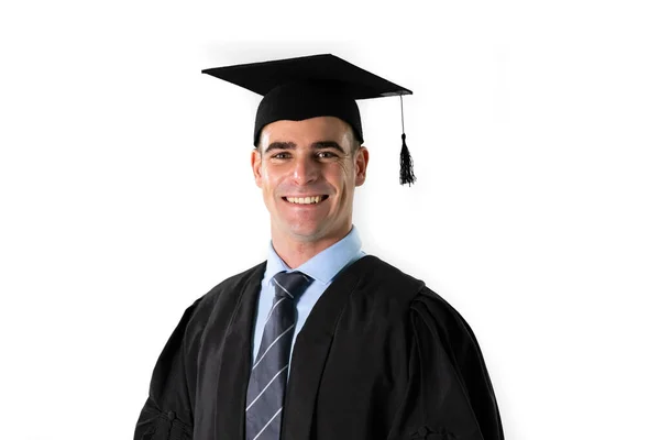 Portret Van Een Gelukkige Blanke Mannelijke Student Met Een Jurk — Stockfoto