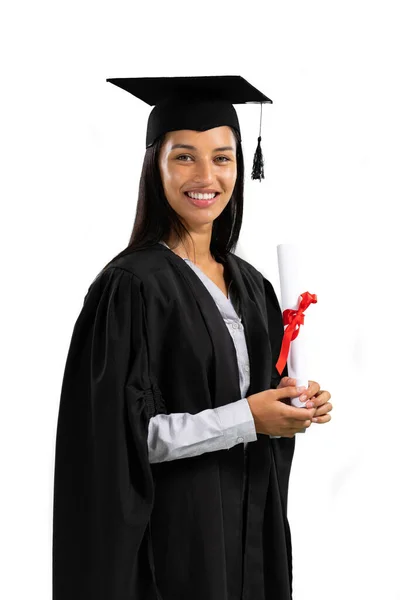 Portrait Happy Mixed Race Female Student Wearing Gown Hat Holding — Stock Photo, Image