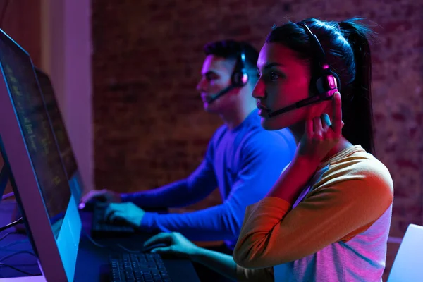 Man Streaming Multiplayer Online First Person Shooter on Pc while Gaming  Girl is Fighting in Virtual Reality Game Stock Photo - Image of headphones,  stream: 259471122