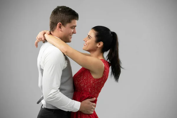 Side View Happy Caucasian Man Woman Love Looking Each Other — Stockfoto