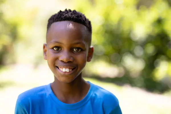 Portrait Mixed Race Boy Enjoying His Time Garden Looking Camera — Stock Photo, Image