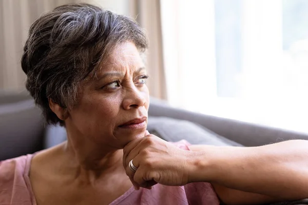 Portrait Senior Mixed Race Woman Enjoying Her Time Home Sitting — Stock Photo, Image