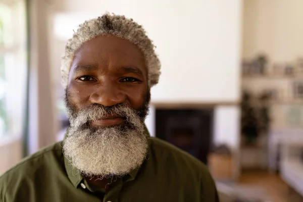 Portrait Senior Mixed Race Man Standing Living Room Looking Camera — Stock Photo, Image