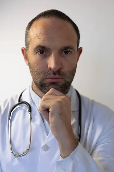 Portrait Caucasian Man Wearing Doctor Uniform Stethoscope His Shoulders Holding — Stock Photo, Image