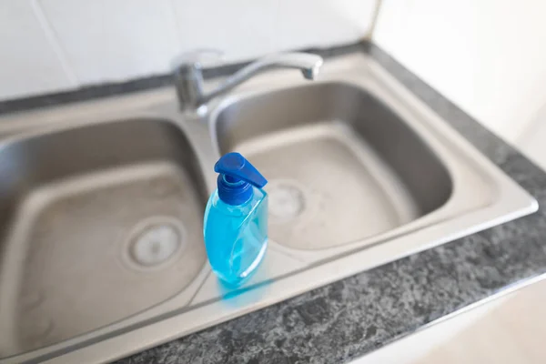 High Angle View Close Sanitizer Used Pandemic Covid Sitting Sink — Stock Photo, Image