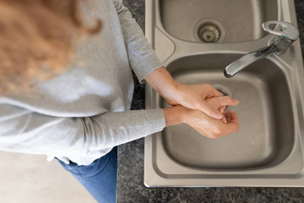 High Angle View Woman Spending Time Home Self Isolating Social — Stock Photo, Image