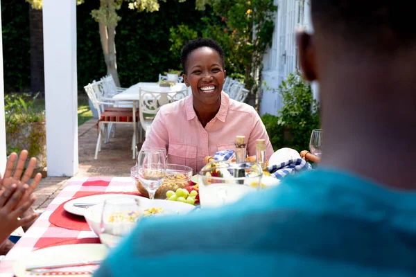 Senior African American Woman Her Family Spending Time Together Garden — Stock Photo, Image