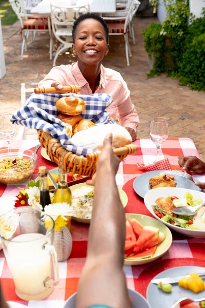 Senior African American Woman Her Family Spending Time Together Garden — Stock Photo, Image