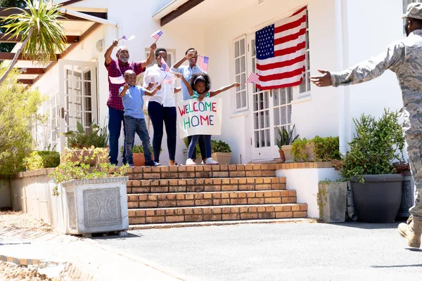 African American Three Generation Family Standing House Banner Welcoming African — Stock Photo, Image