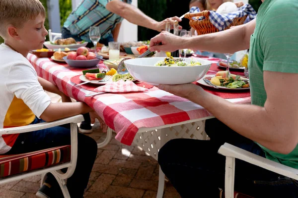 Mid Section Caucasian Three Generation Family Having Lunch Garden Sunny — Stock Photo, Image