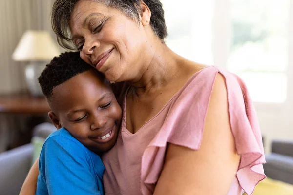 Senior Mixed Race Woman Her Grandson Enjoying Time Home Together — Stock Photo, Image