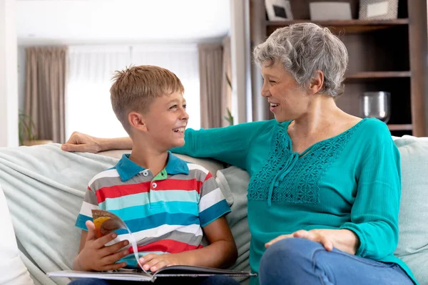 Senior Caucasian Woman Spending Time Home Her Grandson Wearing Stripped — Stock Photo, Image