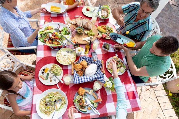 High Angle View Caucasian Three Generation Family Having Lunch Garden — Stock Photo, Image