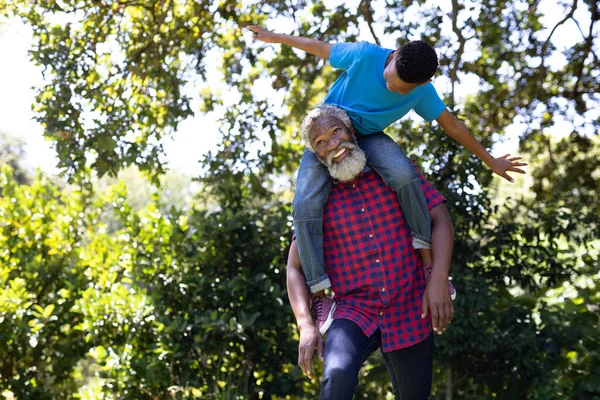 上了年纪的混血男子在花园里玩得很开心 他的孙子坐在他的肩上 张开双臂 相互望着对方 面带微笑 — 图库照片