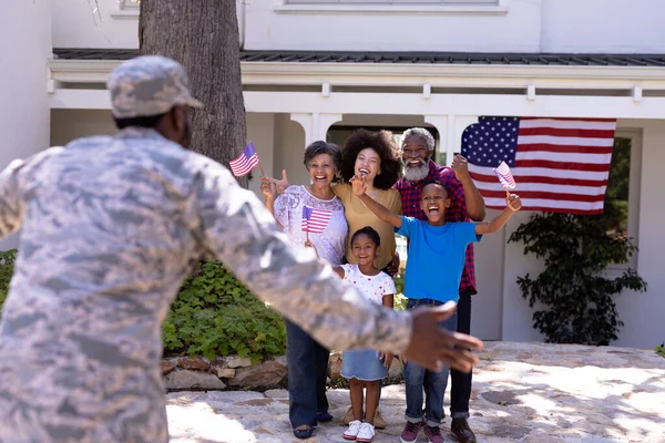 Multi Generation Mixed Race Family Enjoying Time Garden Welcoming African — Stock Photo, Image