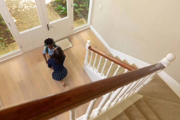 High Angle View Mixed Race Woman Home Kneeling Hallway Front — Stock Photo, Image