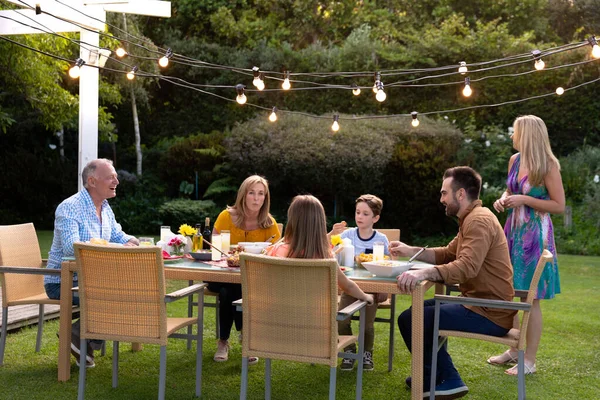 Side View Caucasian Multi Generation Family Sitting Table Meal Together — Stock Photo, Image