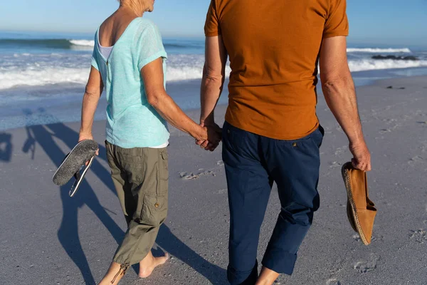 Mid Section View Senior Caucasian Couple Enjoying Time Beach Walking — Stock Photo, Image