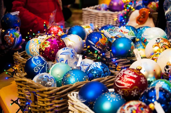 Festive Sale Spruce Ornaments Toys Frame Basket Toys Balls Christmas — Stock Photo, Image