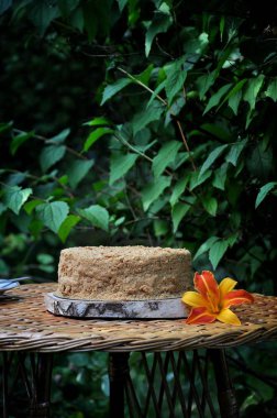 Bahçede niteliğine, tatlım pasta kesilir. Ahşap hasır masaya