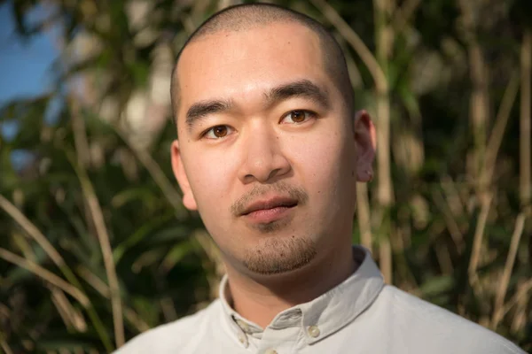 Confident asian man looking at camera against  reed background — Stock Photo, Image