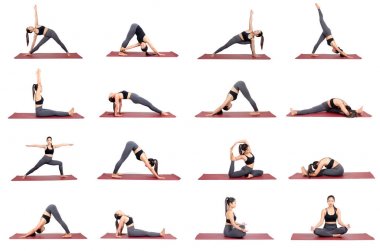 Beyaz arka plan, egzersiz fitness, Spor eğitimi ve sağlıklı yaşam konsepti doğrultusunda spor giyim pratik yoga mat farklı teşkil etmektedir genç Asyalı kadın koleksiyonu kümesi izole