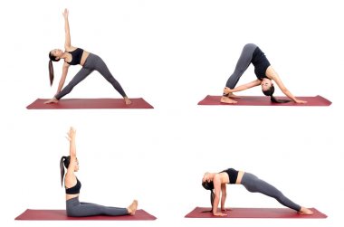 Beyaz arka plan, egzersiz fitness, Spor eğitimi ve sağlıklı yaşam konsepti doğrultusunda spor giyim pratik yoga mat farklı teşkil etmektedir genç Asyalı kadın koleksiyonu kümesi izole