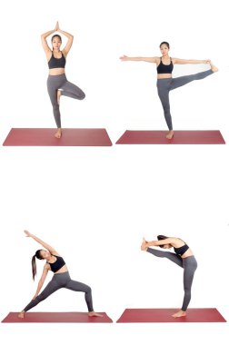 Beyaz arka plan, egzersiz fitness, Spor eğitimi ve sağlıklı yaşam konsepti doğrultusunda spor giyim pratik yoga mat farklı teşkil etmektedir genç Asyalı kadın koleksiyonu kümesi izole