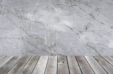 ahşap Teras veya masa mermer duvar arka plan ile ürün veya nesne sunum görüntülenmesi için kopya alanı ile