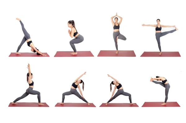 Kollektion Von Jungen Asiatischen Frau Sportbekleidung Praktiziert Yoga Auf Der — Stockfoto