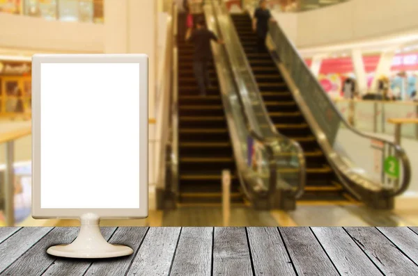 Blank Menu Restaurant Plastic Holder Wooden Desk Blurred Image Escalator — Stock Photo, Image