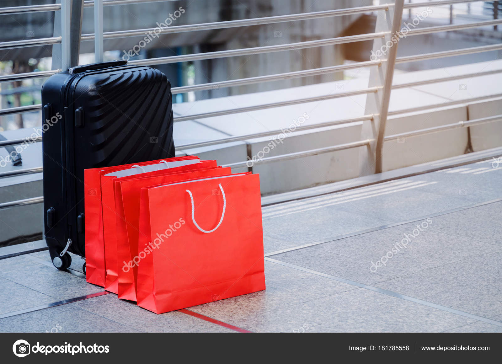 Many Colorful Red Paper Shopping Bags Black Luggage Floor Modern