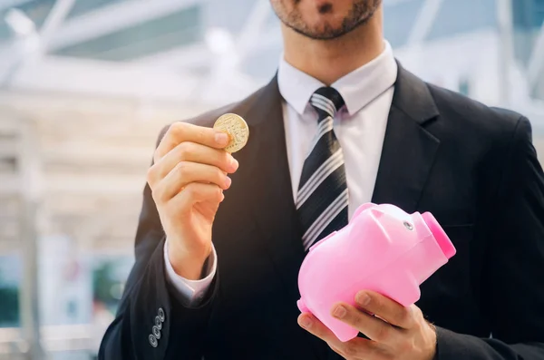 Midsection Smart Business Man Black Suit Holding Piggy Bank Golden — Stock Photo, Image