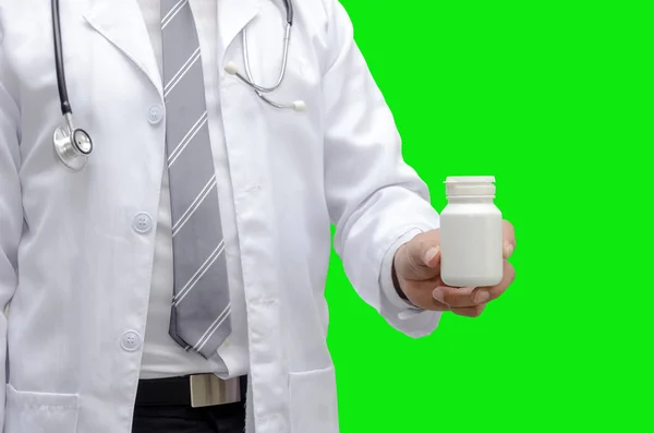 Farmacéutico Médico Con Estetoscopio Alrededor Del Cuello Mano Sosteniendo Botella — Foto de Stock