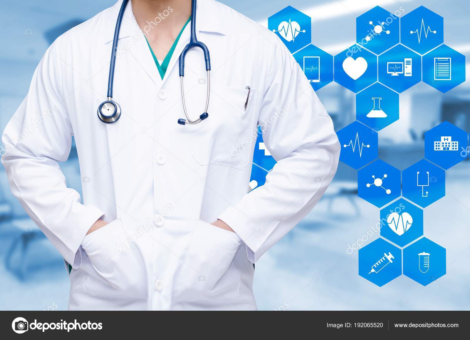 Handsome Doctor Stethoscope Blurred Hospital Background Medical Icon  Hexagonal Shaped Stock Photo by ©giggsy25 192065520