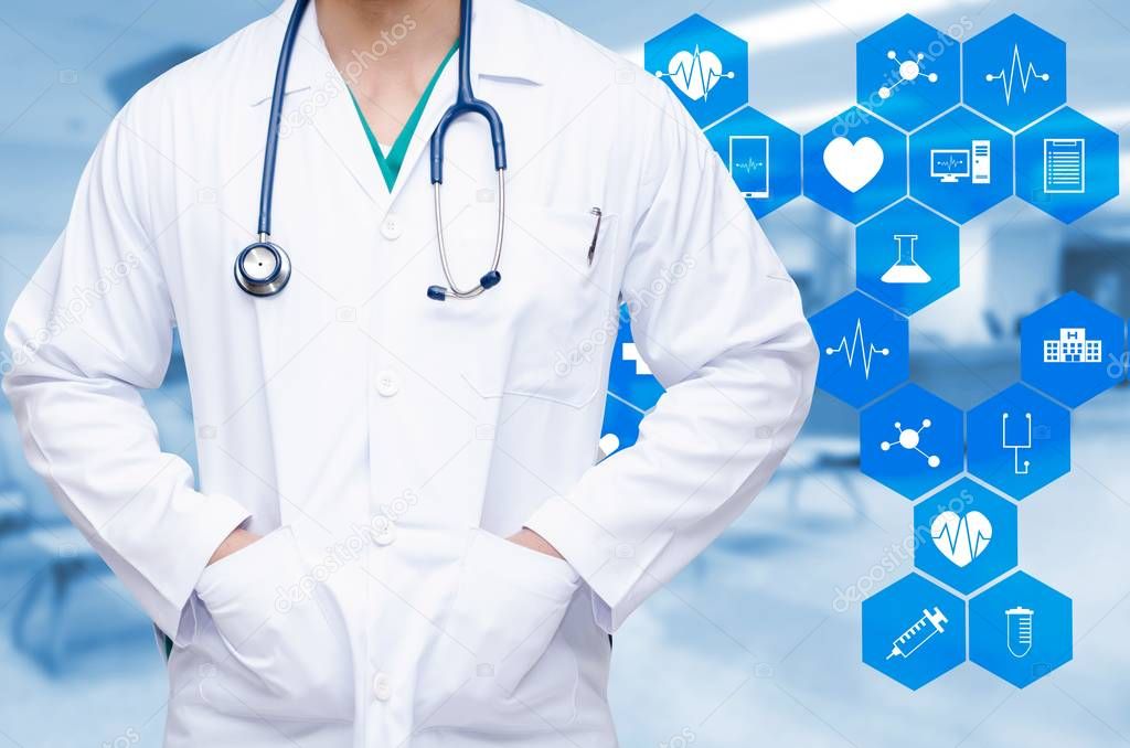 handsome doctor with a stethoscope on blurred hospital background and medical icon in hexagonal shaped pattern background, science, health care and medical technology concept