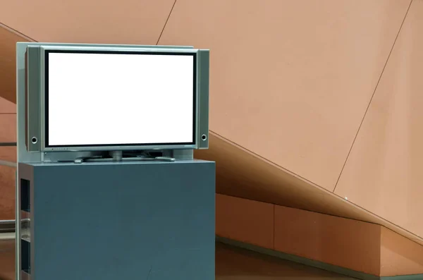 Τηλεόραση Lcd Βάση Λευκή Οθόνη Για Διαφημιστική Πινακίδα Κενή Προθήκη — Φωτογραφία Αρχείου