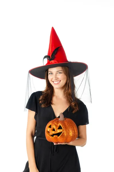 Trick Treat Young Caucasian Woman Smiling Holding Orange Pumpkin Head Stock Picture