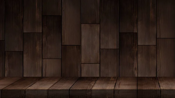 Ürünlerinizle fotoğraf montajı için uygun, karanlık tahtalardan ahşap bir raf modeli.