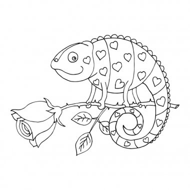 Ciltte yürekleri boyama bir bukalemun bir gül üzerinde oturur.