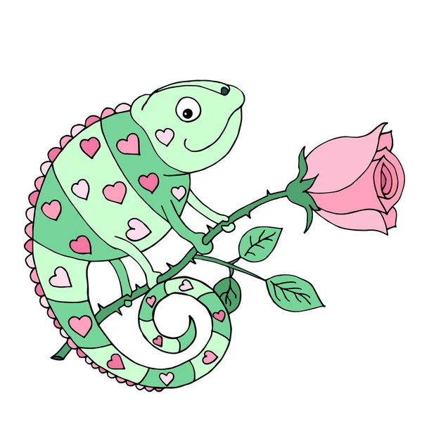 Un cameleon colorat cu inimi pe piele stă pe un trandafir . — Vector de stoc